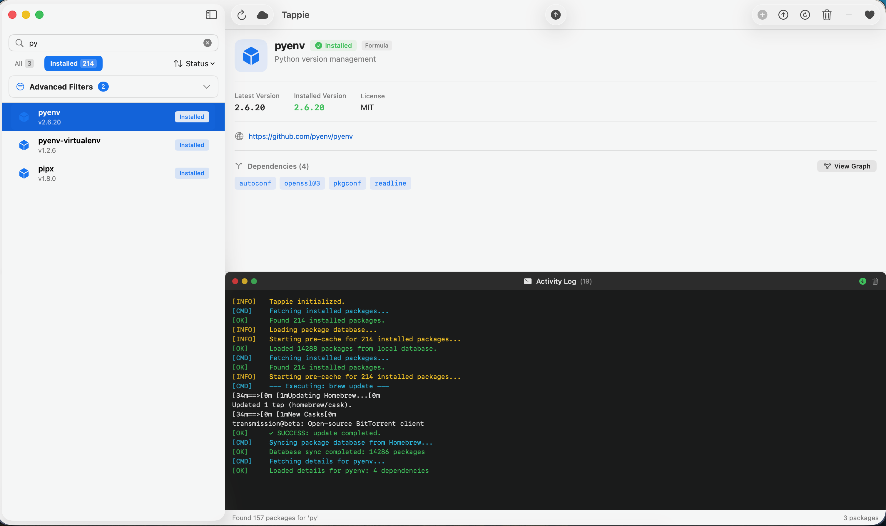 Tappie package details panel showing version, description, and dependencies