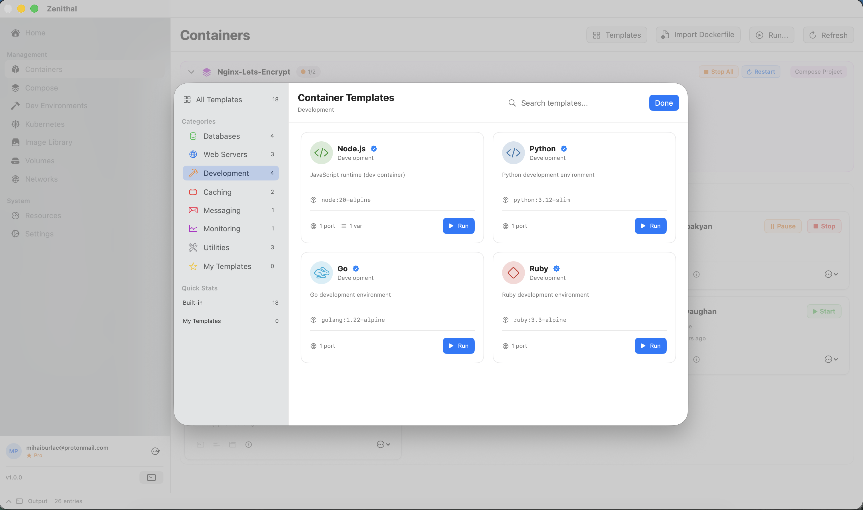 Zenithal container templates modal with quick-launch options for popular services