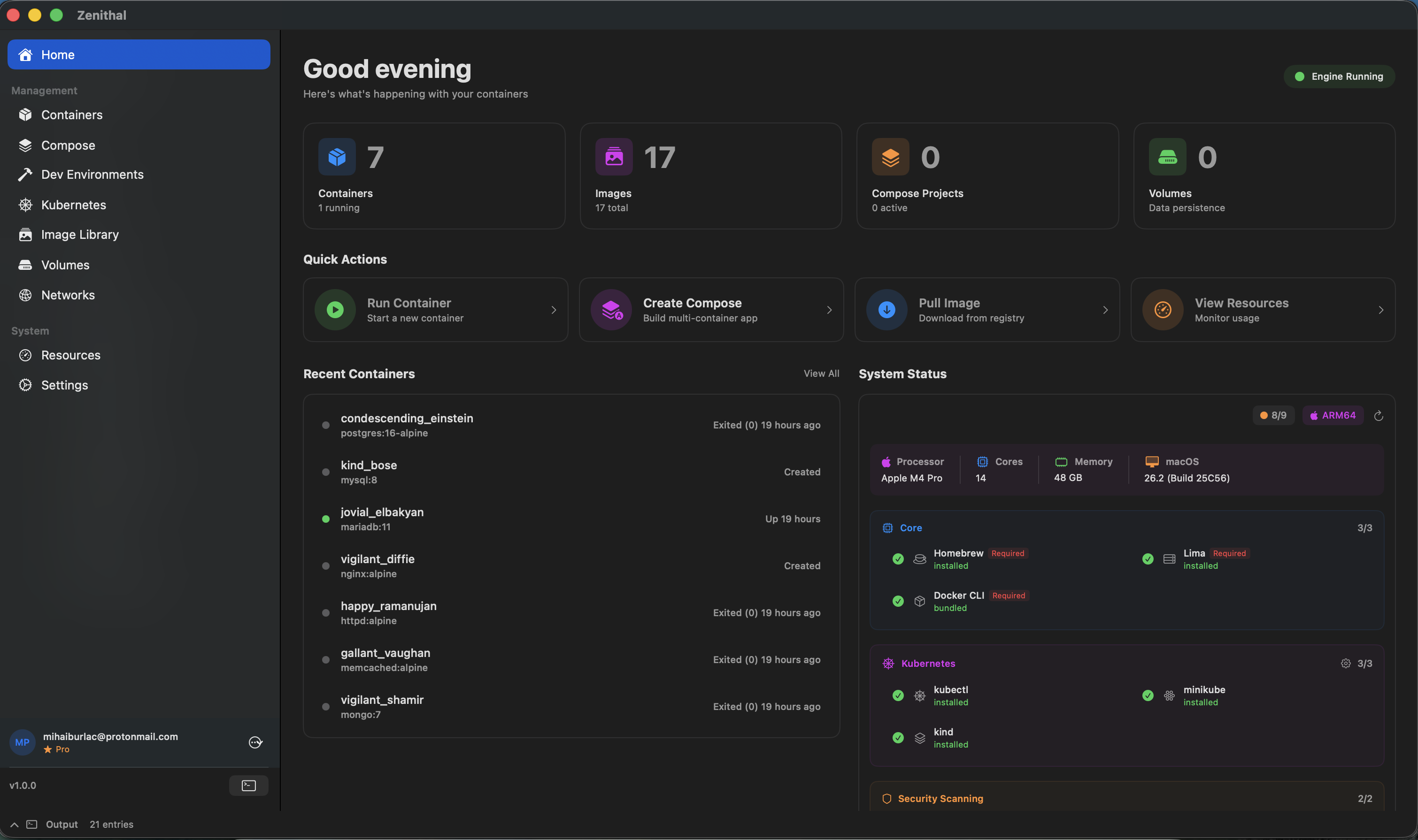 Zenithal dashboard showing Docker containers, resource usage, and system status