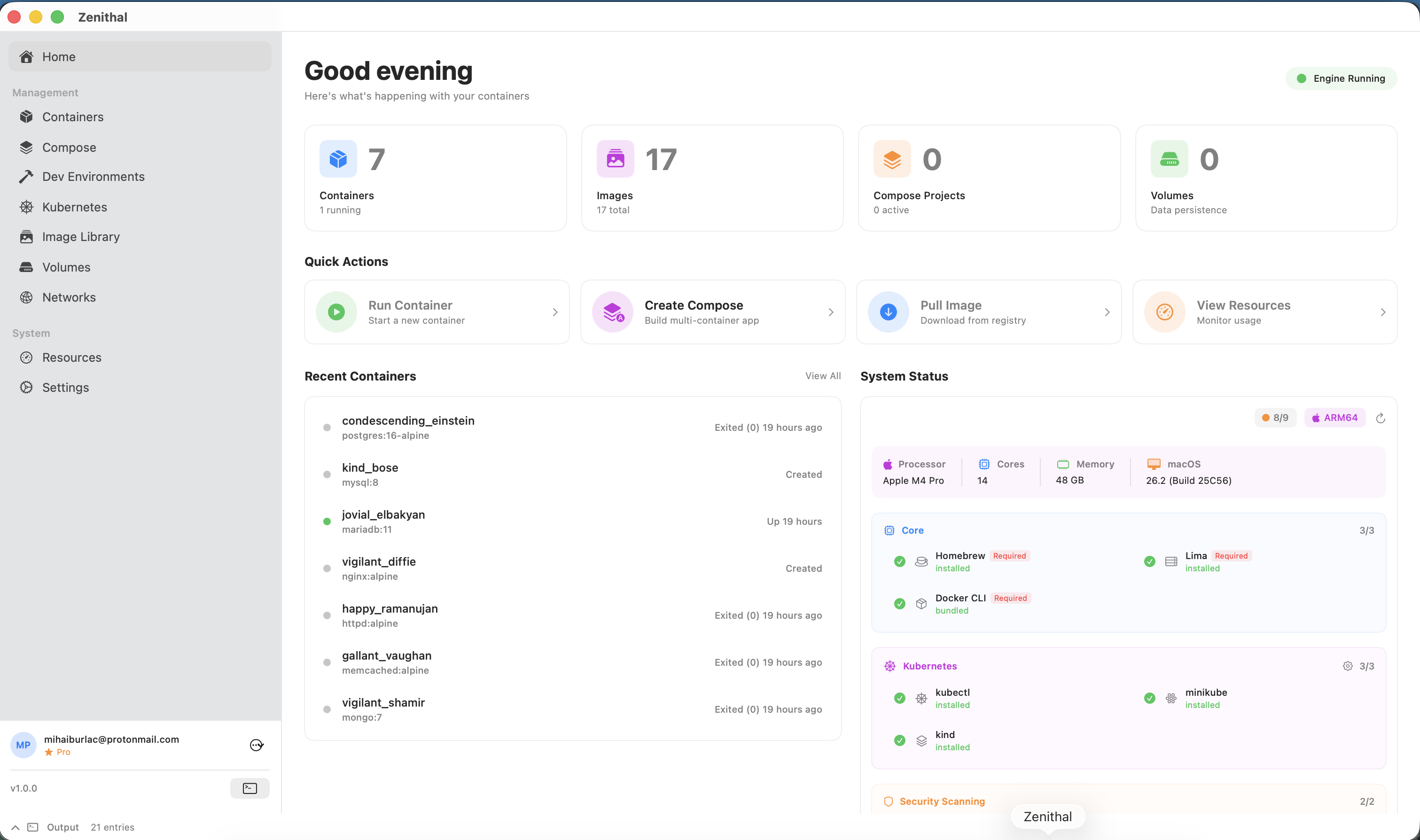 Zenithal dashboard after successful setup showing containers and system status