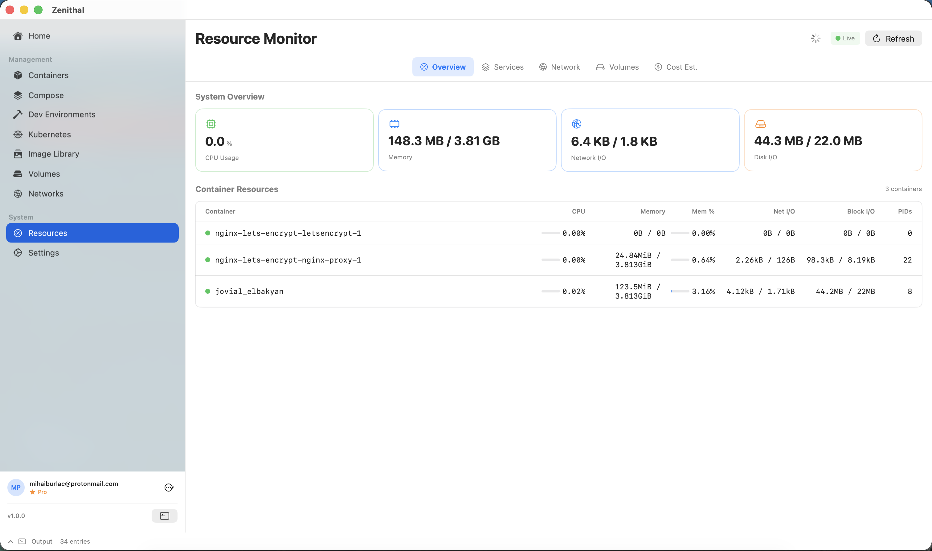 Zenithal resource monitor showing CPU, memory, network, and disk usage across containers