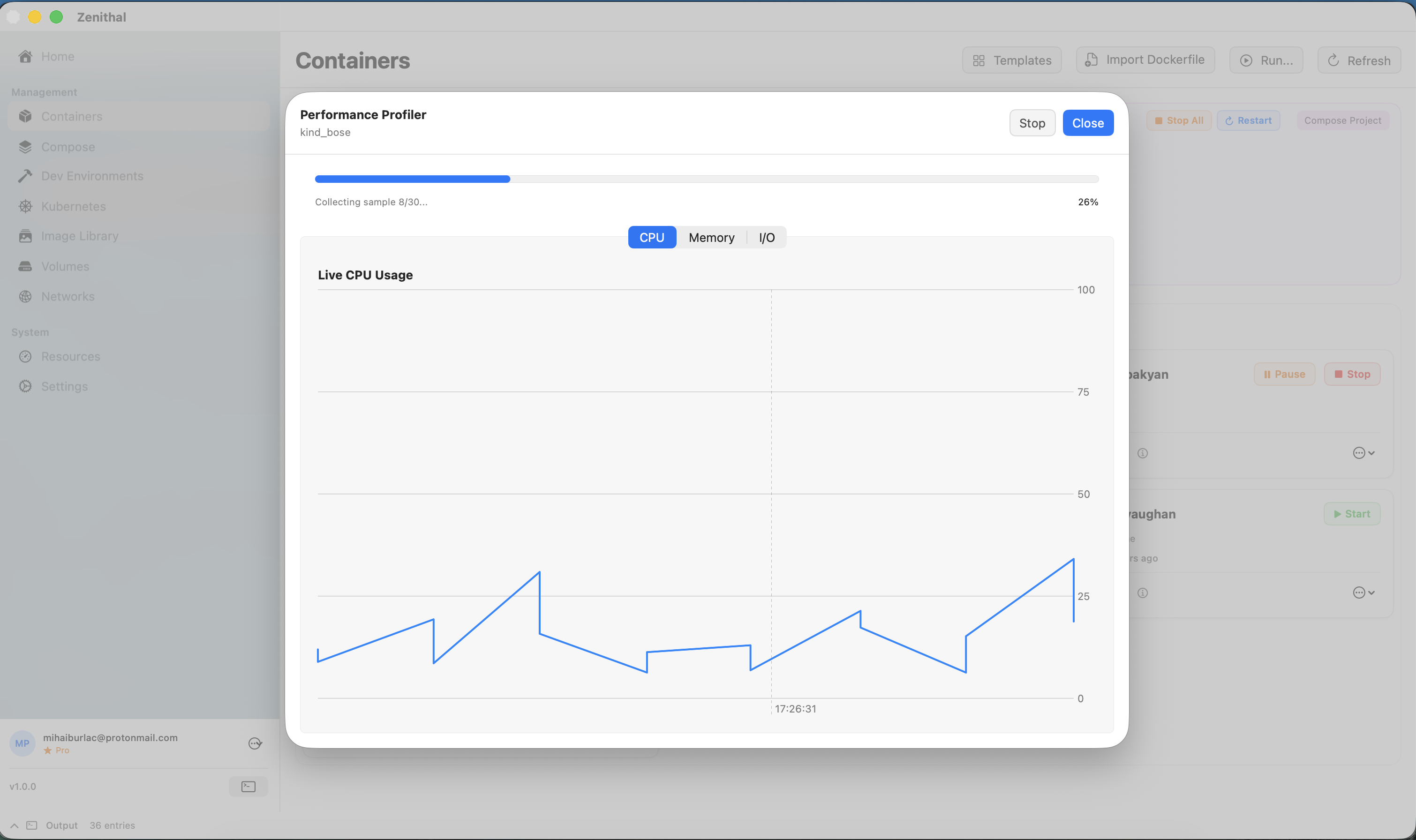 Zenithal CPU performance profiler showing real-time usage graphs and process breakdown