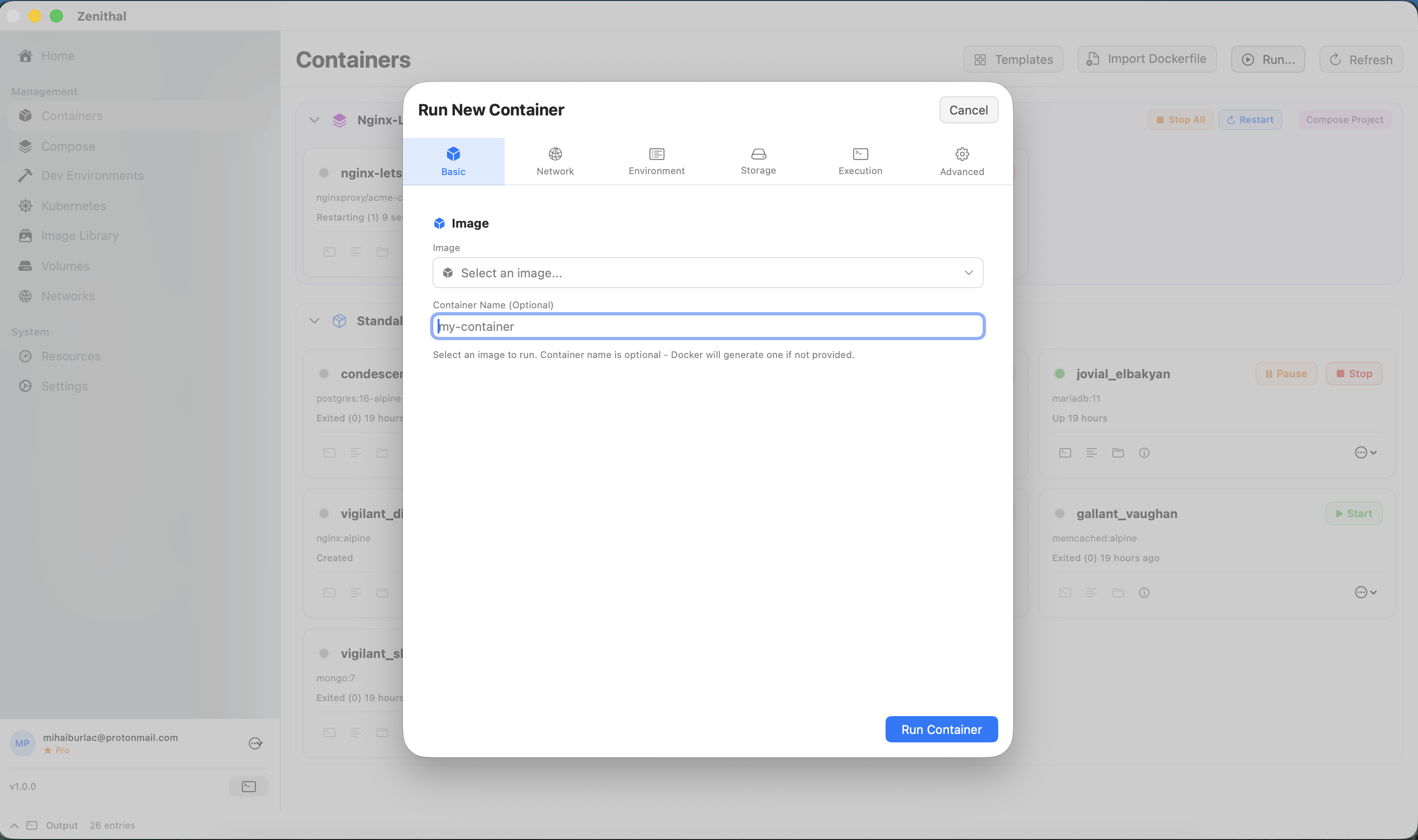 Zenithal run container form with image, port, volume, and environment configuration