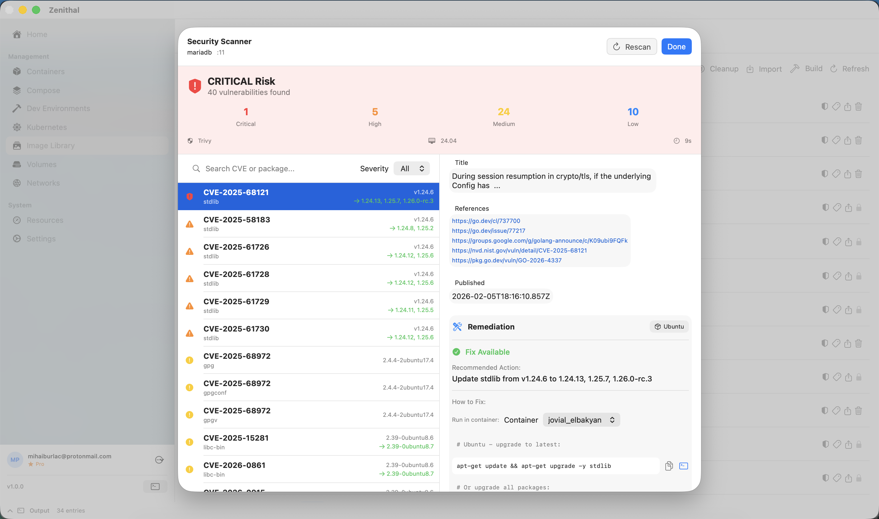 Zenithal security scan results showing CVE vulnerabilities with severity levels, remediation commands, and Dockerfile export